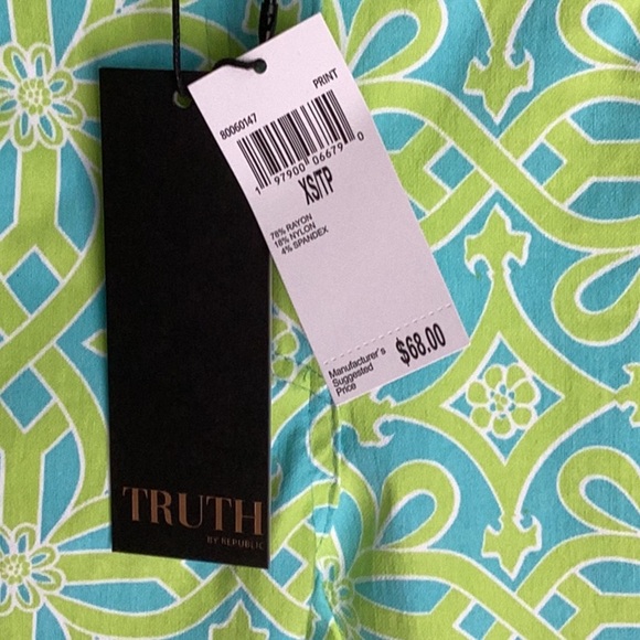 TRUTH BY REPUBLIC NWT WOMENS XS STRETCH ANKLE PANTS NEON GREEN/BLUE SUMMER - Picture 5 of 8